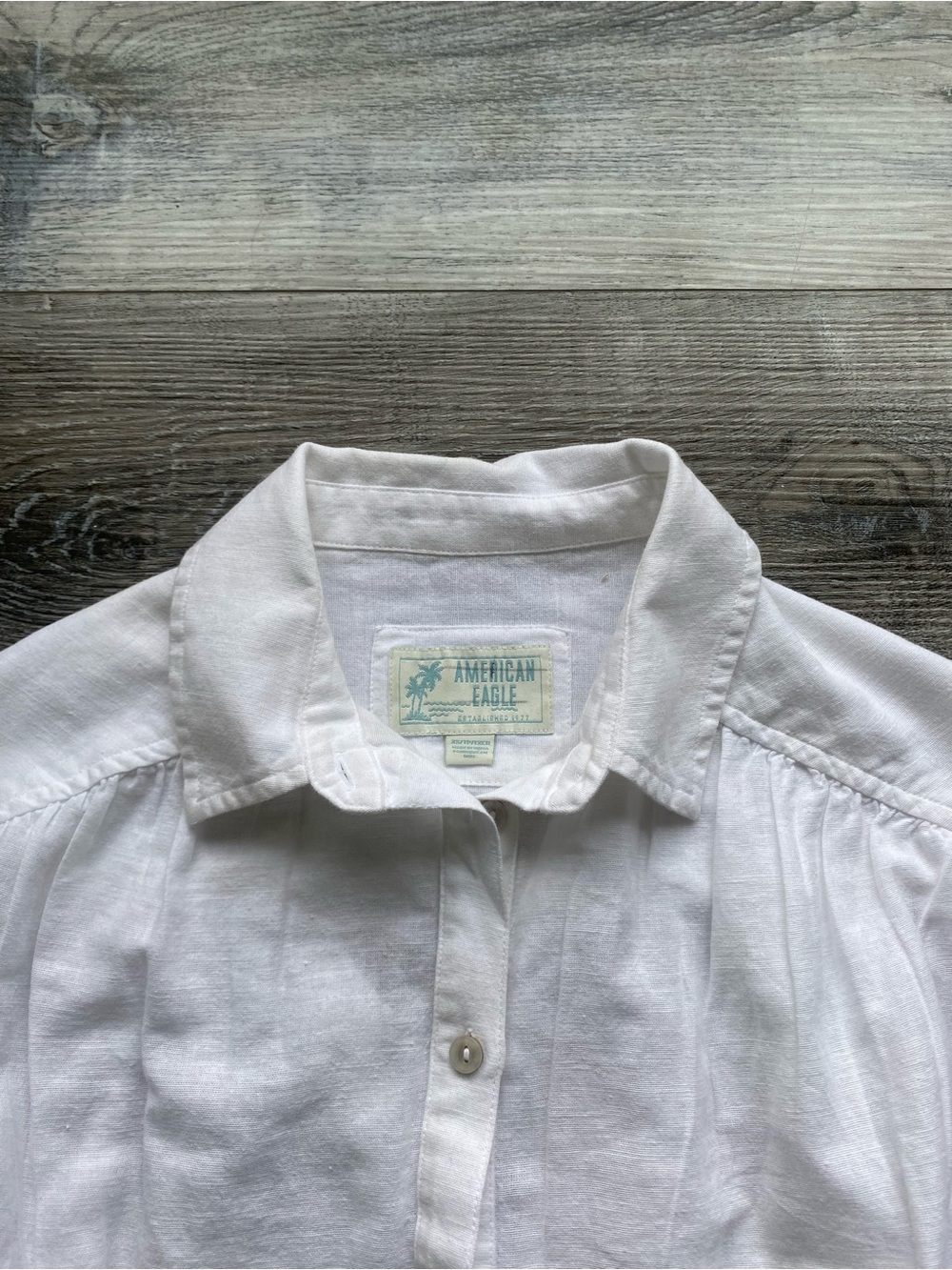 Oversized White Button-Up Top with Lace Hem Cotton Linen Blend short sleeved - Picture 3 of 8